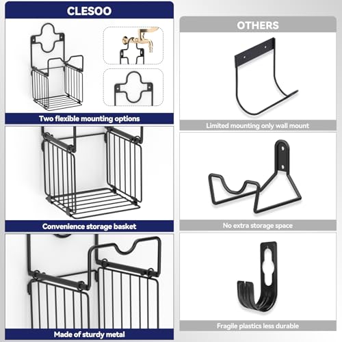 Garden Hose Holders for Outside Metal Water Hose Holder Wall Mount Hose Hanger with Storage Basket Heavy Duty Waterhose Holder for Outside Hose Rack Outdoor Hose Caddy Hook for Garden Organizer Black