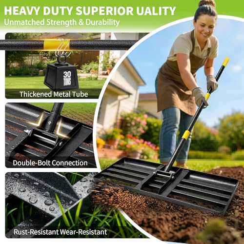 Lawn Leveling Rake, 5 FT Yard Leveler with 30 x 10 Wide Large Rakes Head for Smooth Garss Soil Sand Dirt, High Effect Ground Leveling Tool with Round Edge for Landscape Golf Course, No Flip - style: 5 FT