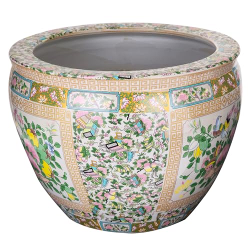 Large Porcelain Floral Rose Medallion Fishbowl Cachepot Planter
