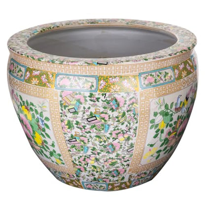 Large Porcelain Floral Rose Medallion Fishbowl Cachepot Planter