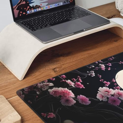 XXL Gaming Mouse Pad 35.4 x 15.7 Inch, Large Extended Desk Mousepad with Cherry Blossom Moon Design, Water-Resistant Surface, Stitched Edges, Non-Slip Rubber Base Desk Mat - color: Cherry Blossom Moon