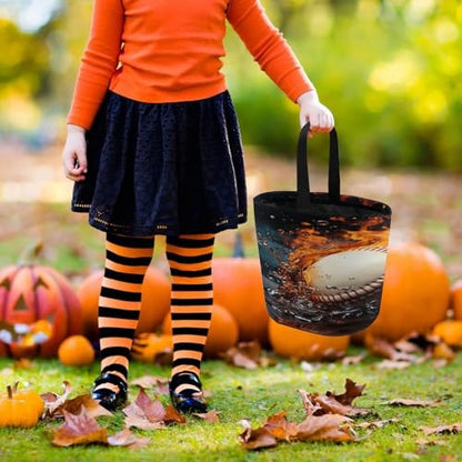 Halloween Trick Or Treat Bags With Handles Collapsible Candy Bucket Reusable Fire Water Baseball Ball Printed Goody Bucket For Holiday Party Gifts - color: Fire Water Baseball Ball