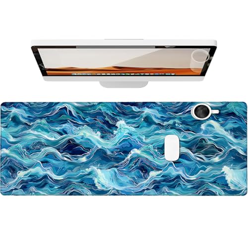 Abstract Ocean Wave Gaming Mouse Pad, Large Office Desk Mat, Anti-Slip Rubber Base Mousepad for Computer Laptop Keyboard, Smooth Desk Pad for Home Office Gamer Work Accessories 31.5" x 11.8"