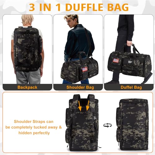 Expandable Gym Bag for Men,Tactical Large 3-in-1 Travel Duffle Backpack Bag - color: Camo Black