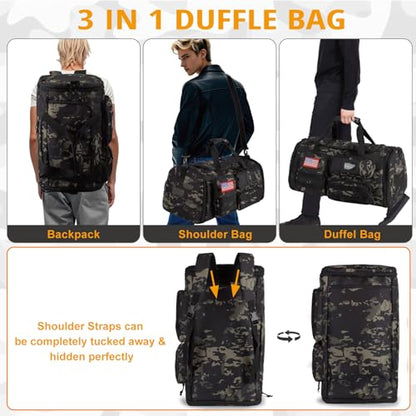 Expandable Gym Bag for Men,Tactical Large 3-in-1 Travel Duffle Backpack Bag - color: Camo Black