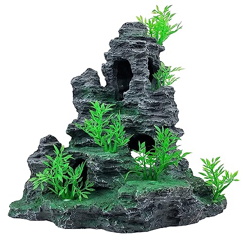 Aquarium Decoration Large and Tall for Fish Tank Rock Thematic Ornaments Aquarium Mountain View Stone Ornaments Aquarium Decor Tree House Cave Fish Tank Decorations - Large - color: Mountain View [ Tree ]