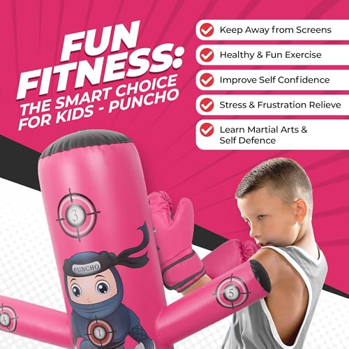 PUNCHO Punching Bag for Kids 3-12 with Boxing Gloves, Pump and Play Book - color: Pink