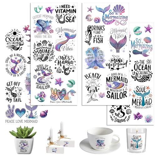 UV DTF Cup Wraps, 4 Sheets Mermaid Quotes Transfer Stickers for 16oz Glass, Rub On Decals for Tumblers and Candlestick