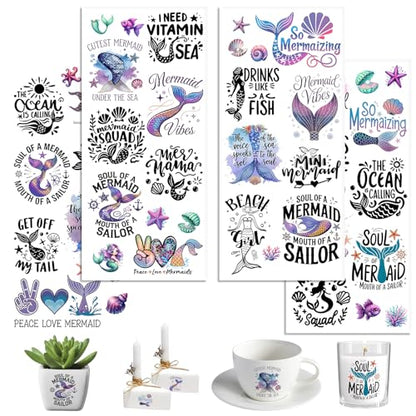 UV DTF Cup Wraps, 4 Sheets Mermaid Quotes Transfer Stickers for 16oz Glass, Rub On Decals for Tumblers and Candlestick