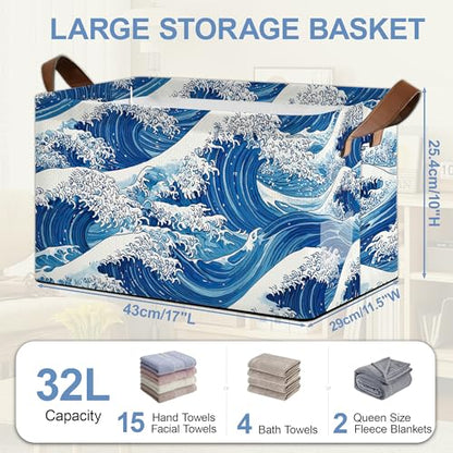 Ocean Wave Storage Baskets,Japanese Foldable Organizer Bin with Handles for Home Living Room Bedroom Closet Box 17x11.5x10Inch - color: Ocean Wave Japanese