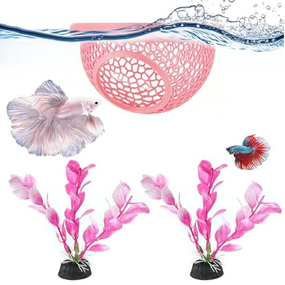 3 Pack Pink Fish Tank Decor Set, 1 Pcs Betta Hammock and 2 Pcs 4 Inch Artificial Aquarium Plants, Aquarium Accessories for Betta Fish, Shrimp and Small Fish, Ideal for Aquatic Pet Habitat