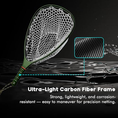 Riverruns Fly Fishing Landing Net Carbon Fiber Trout Net with Measurement Handle, Soft Rubber Mesh - 26" Standard (Wading) / 37" Long (Kayak) - color: 26" Wading Net (Standard) - Green Carbon