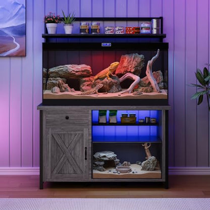 Reptile Tank Stand with Power Outlet, Terrarium Stand with Storage Cabinet, 49" X 20" Tabletop, Aquarium Stand with LED Lights, Reptile Terrarium,Turtle Tank (Gray) - color: Gray