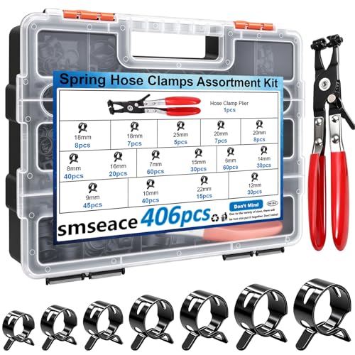 406Pcs 6-25mm Spring Band Hose Clamps With Plier 13-sizes Constant Tension Hose Clamp used for Fuel Line，Vacuum Hose，Air Hose - size: 6-25mm 406pcs