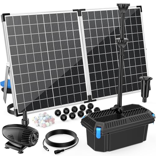 55W Solar Pond Filter, Solar Fountain Pump with Pond Filter Kit Adjustable Flow, Pond Filter Box with Filter Medias for Outdoor Ponds Fish Tank Pool Waterfall Koi Pond Water Features