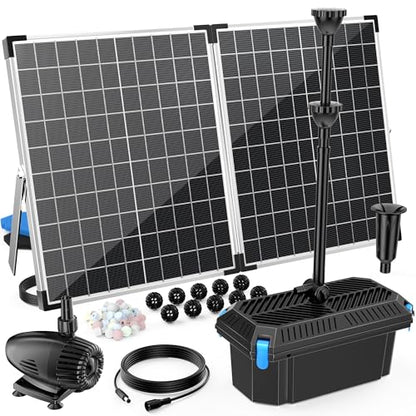 55W Solar Pond Filter, Solar Fountain Pump with Pond Filter Kit Adjustable Flow, Pond Filter Box with Filter Medias for Outdoor Ponds Fish Tank Pool Waterfall Koi Pond Water Features