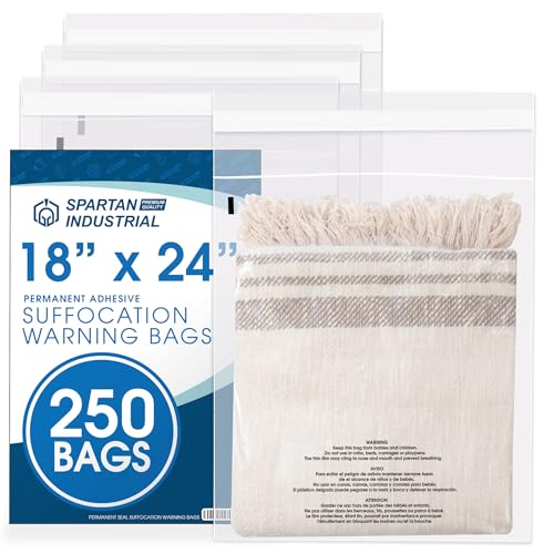 Spartan Industrial - 18" X 24" (250 Count) Self Seal Clear Poly Bags with Suffocation Warning for Packaging, Shipping - Permanent Adhesive - size: 18" x 24"