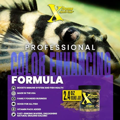Xtreme Scrapers Wafers - Premium 14mm Fast-Sinking Fish Food – Nutrient & Cellulose Rich Ideal for Nocturnal Feeders, Catfish, Plecostomus Species, and Loaches – USA Farm Grown (2oz) - size: 2.4 Ounce (Pack of 1)