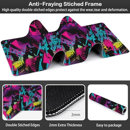Abstract Grunge Elements Desk Mat,Large Neon Color Patterns Gaming Keyboard Mouse Pad,Non-Slip Rubber Base Desk Pad Thick Stitched Edges Waterproof Mousepad Mouse Mat 31.5"x11.8" - color: Abstract Grunge Elements