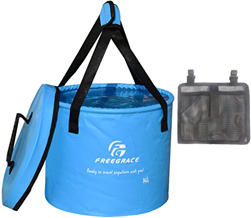 Freegrace Collapsible Bucket with Mesh Tool Pocket - 10L, 16L & 23L Portable Folding Water Container - Heavy Duty 500D Tarpaulin, BPA-Free Wash Basin for Camping, Fishing, RV, and Car Washing - color: Sky Blue(upgraded)