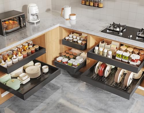 6 Pack Pull Out Cabinet Organizers 21" Deep With Raising Pad for Framed Cabinets, Expandable Slide Out Drawers with 4pcs Divider Racks, Roll Out Shelves, Adjustable Width 12"-20.45" Black - color: Black, size: 12"-20.45"Wide x 21"Deep(6 Pack)