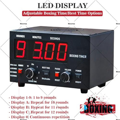 Classic Boxing Interval Timer, Professional Gymnastics Timer with LED Display, 1-12 Challenge Rounds and Adjustable Buzzer, Interval Timer for Workout, Gym Timer, Boxing Equipment Blue - color: Blue