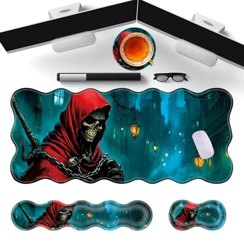Large Gaming Mouse Pad, Keyboard Wrist Rest Pad & Wrist Support Mousepad Set, Stitched Edge, Extended, Non-Slip Base, Memory Foam Desk Mat for Office, Home,Funny Skull - color: Funny Skull