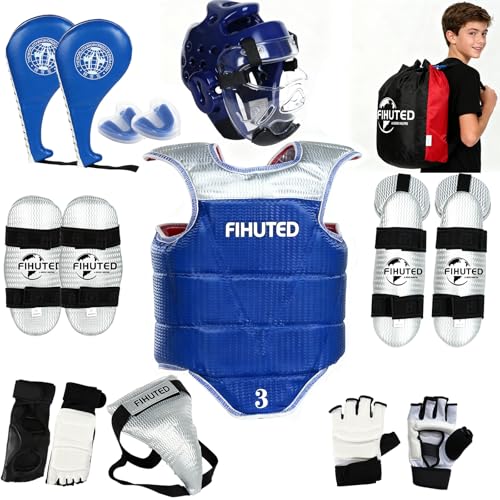Taekwondo Sparring Gear Set with Helmet, Chest Guard, Arm & Shin Guards, Gloves & Foot Pads, Durable Lightweight Karate Protective Gear for Kids Youth Adults, Training Equipment with Carry Bag - size: #5