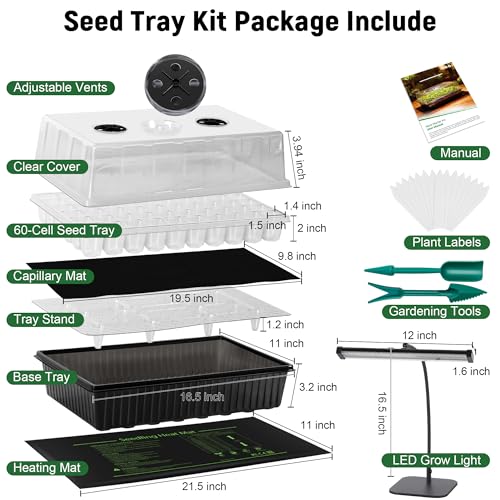 DazSpirit 60-Cell Self-Watering Seed Starter Kit with Grow Light and Heat Mat, Seedling Tray with Humidity Dome, Indoor Plant Germination Tray for Beginners - Grow Tomatoes, Peppers, Herbs & Flowers