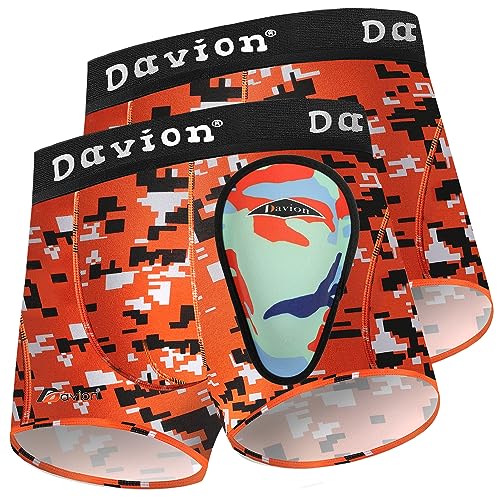 Davion Youth Boys Baseball Cup Underwear with Soft Protective Athletic Cup Compression Shorts for Football, Lacrosse - color: Orange Camo-2 Pack, size: X-Small