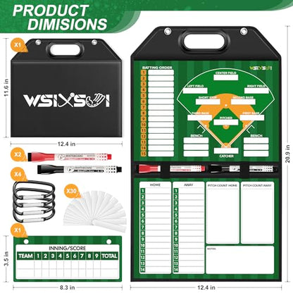 Magnetic Baseball Lineup Board, Foldable Clipboard for Coaches | Foldable lineup board with built-in handle, leather-covered surface. Baseball & softball coaching tool for dugout planning. - style: Baseball
