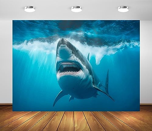 BELECO 5x3ft Fabric Shark Under the Sea Backdrop Ocean Shark Underwater Blue Sea Waves Background Themed Party Decorations Birthday Photoshoot Studio Props - size: 5x3FT