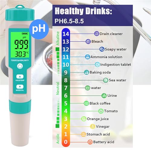 Aquarium Salt Tester -Pool Salt Tester, Versatile 5 in1 Salinity, PH, TDS, EC, and Temperature Meter, Digital Salinity Tester for Saltwater Aquarium, Accurate Salinity Meter,Green