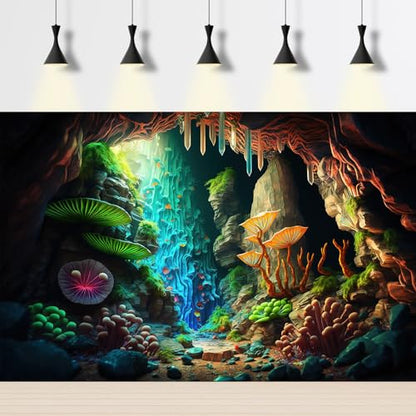 Jungle Cave Aquarium Background Cartoon Cave Landscape Fish Tank Backdrop Abstract bright Lights Luminous Mushrooms Tropical Plants Terrarium Background Mushrooms Theme Backdrops Decor 48x18in