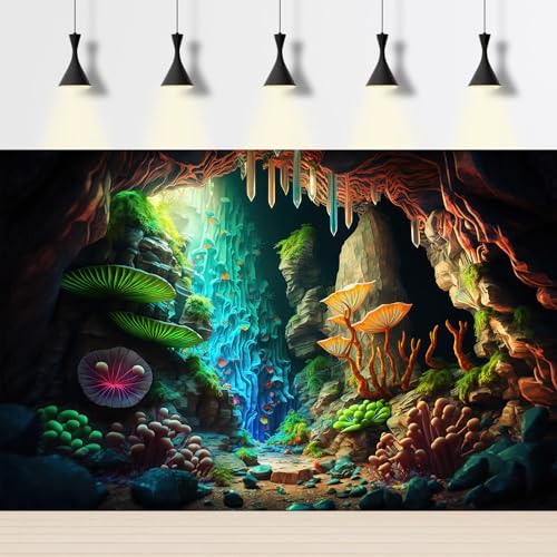 Jungle Cave Aquarium Background Cartoon Cave Landscape Fish Tank Background Abstract Bright Lights Luminous Mushrooms Tropical Plants Reptile Tank Enclosure Terrarium Backgrounds 30x12in - color: Green Purple, size: 30(W)x12(H)in