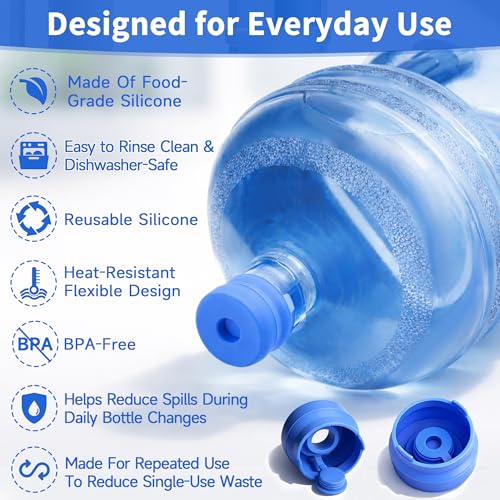 5 Gallon Water Jug Cap, 3 Pack Reusable Silicone Caps, Fits Most 2–5 Gallon Water Bottles with 2.16" (55mm) Opening, Helps Reduce Spills for Refill Transport, Water Coolers & Bottle Pumps