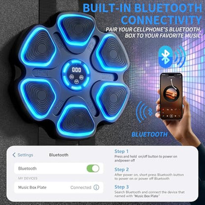 Leann L!fe Music Boxing Machine, Bluetooth Wall Mounted Boxing Trainer for Adults & Teens, Strong Adhesive Mount (No Drill), 11 Modes & 9 Speeds, 2 Pairs of Boxing Gloves & Reflex Ball, Blue Light - color: Black-Blue Light