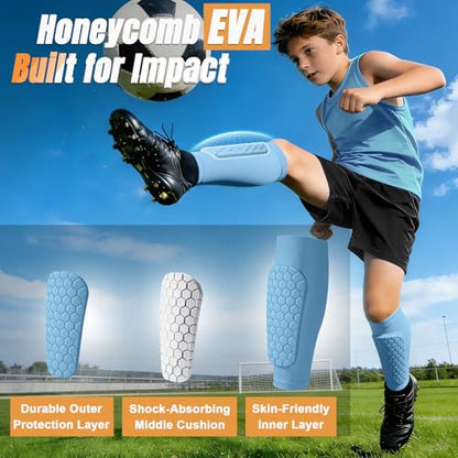 XZQTIVE Soccer Shin Guards Shin Defender for Kids Youth Adult, Ski Shin Guard Calf Compression Sleeve with Honeycomb Shin Pads - color: baby blue, size: X-Large
