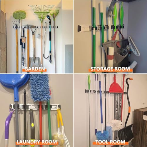 reliahom Broom Holder Wall Mount Mop Hanger Tools organizer 5Racks4Hooks,2P | Adjustable Mop Broom Wall Hanging Heavy Duty Tools Storage Rack Space-saving for Garage,Kitchen,Laundry Room,Garden, Black - color: Black