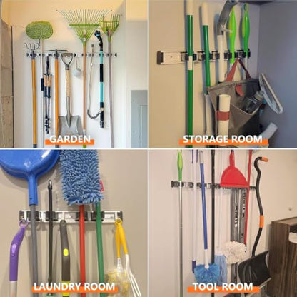 reliahom Broom Holder Wall Mount Mop Hanger Tools organizer 5Racks4Hooks,2P | Adjustable Mop Broom Wall Hanging Heavy Duty Tools Storage Rack Space-saving for Garage,Kitchen,Laundry Room,Garden, Black - color: Black