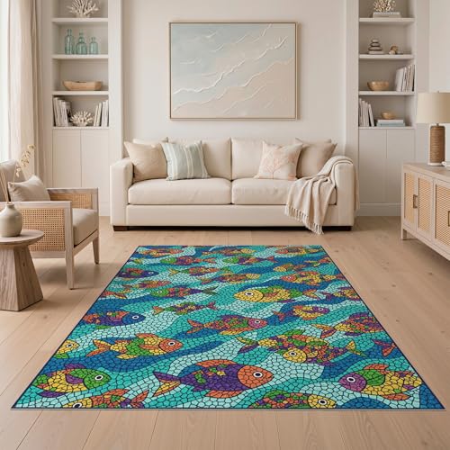 5'x7' Washable Graphic Fish Area Rug, Blue Non-Shedding Pet Friendly Carpet Easy Care Kids Safe Mat for Small Living Room, Playroom, Bedroom | Ref:1885552 - color: Blue/Pattern 33, size: 5' x 7' (Rectangular)