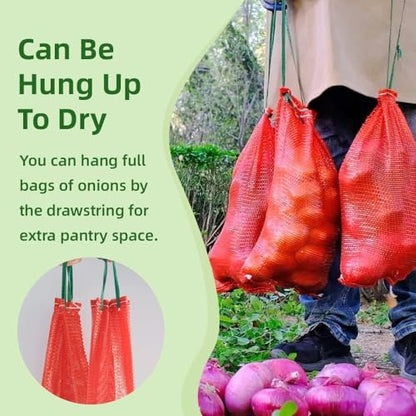 10 lb Mesh Onion Bags, 11"×18" Mesh Produce Bags Hanging Reusable Breathable Vegetable Storage Net Bag with Drawstring for Onions Potatoes Citrus Crawfish, Red (Pack of 10)