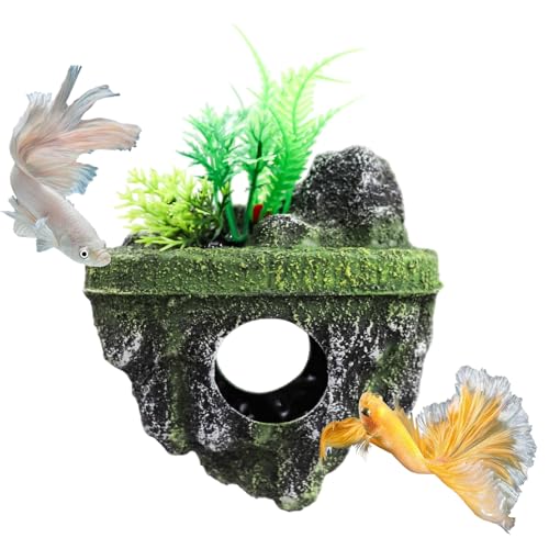 Floating Island Fish Tank Decorations – Aquarium Decor with Hideout Tunnel, Betta Fish and Shrimp Cave, PVC Aquarium Accessory with Artificial Plants
