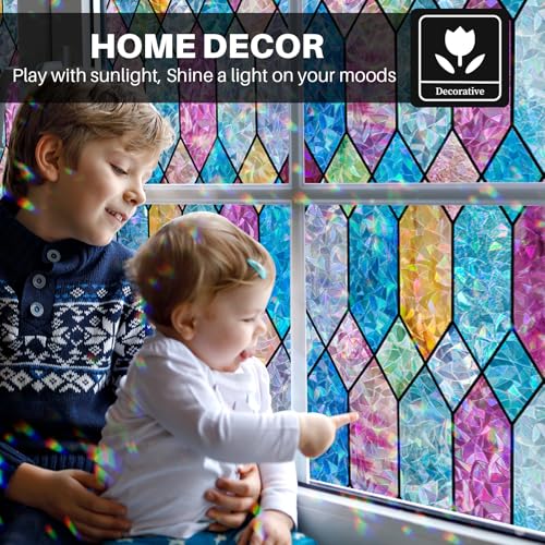 Window Privacy Film, Rainbow Decorative Stained Glass Window Film, Static Cling Lattice Glass Covering, Window Tint Sticker for Home Decor & UV Heat Blocking, 17.3 x 78.7 Inches