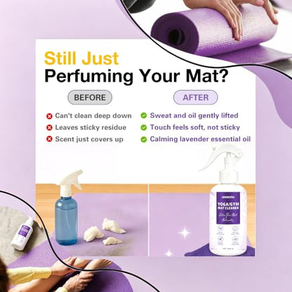 Yoga Mat Cleaner Spray - Powered By Essential Oil, Removes Sweat & Odor | Natural Plant Based | No Sticky Residue | Safe for All Mats(Yoga & Pilates)–Microfiber Towel Included (8.45oz, Lavender) - size: 8.45 Fl Oz (Pack of 1)