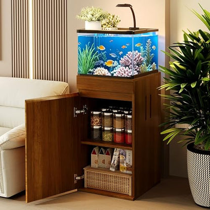10-15 Gallon Fish Tank Stand with Storage Cabinet, 16.9" x 16.9" Aquarium Stand with Power Outlets, 330LBS, Cube Tank Stand with Adjustable Shelf, Brown