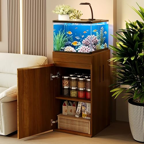 Merax 10-15 Gallon Fish Tank Stand with Storage Cabinet, Aquarium Stand with Power Outlets, 330LBS Capacity, Small Terrarium Stand Cabinet with Adjustable Shelves,16.9" L x 16.9" W Top