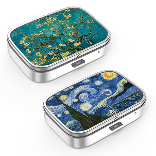 Pill Box 2 Compartment Small Pill Case,Portable for Pocket or Purse Pill Organizer Pill Container Holder to Hold Vitamins, Medication, Fish Oil and Supplements(2PCS) - color: Set-2-van Gogh Almond Blossom+starry Night, size: 2 Pieces