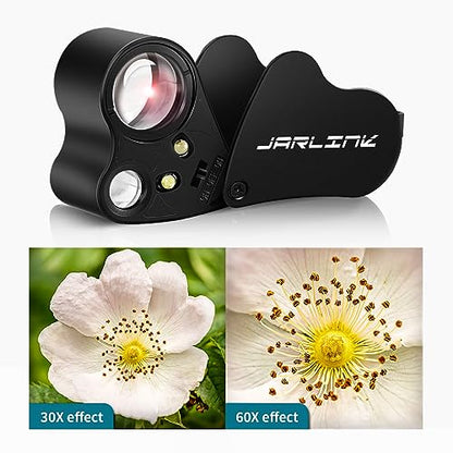 JARLINK 30X 60X Illuminated Jewelers Loupe Magnifier, Foldable Jewelry Magnifier with Bright LED Light for Gems, Jewelry, Coins, Stamps, etc - color: Black