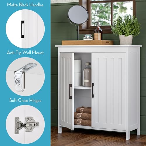 RiverRidge Monroe Two-Door Floor Storage Cabinet - Bathroom Storage Cabinet with Adjustable Shelves - Soft-Close Doors White Finish with Matte Black Handles